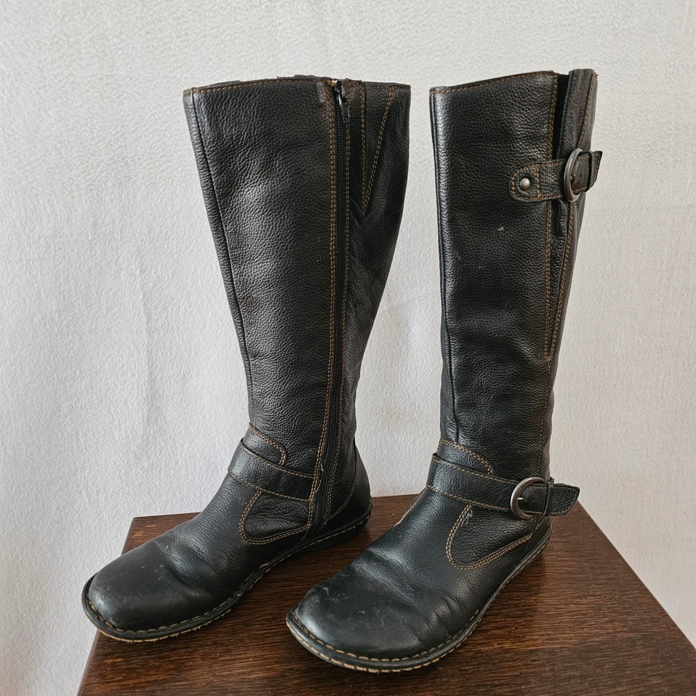 BOC Born Concept Womens Black Leather Tall Riding Boots Buckle Zip Sz 8M C71103